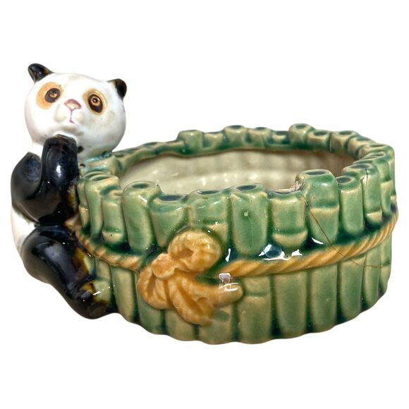 Chinese Panda Bamboo Planter REPAIRED Green Pot B-593 - Picture 2 of 10